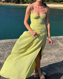 Modest A line Spaghetti Straps Green Prom Dresses Formal Summer Spring Slit Wedding Guest Dresses Wedding Guest Outfit HZ1121