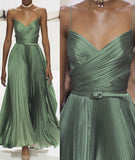 Modest A line Spaghetti Straps Green Prom Dresses Formal Summer Spring Wedding Guest Dresses Wedding Guest Outfit HZ1121