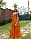 Modest A Line Strapless Chiffon Orange Prom Dresses Formal Summer Spring Wedding Guest Dresses Wedding Guest Outfit HZ1121