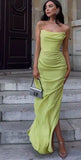 Modest A Line Strapless Chiffon Green Slit Prom Dresses Formal Summer Spring Wedding Guest Dresses Wedding Guest Outfit HZ1121
