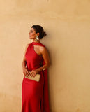 Modest Sheath One Shoulder Red Slit Prom Dresses Formal Summer Spring Wedding Guest Dresses Wedding Guest Outfit HZ1121