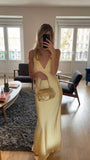 Modest Sheath V Neck Yellow Satin Prom Dresses Formal Summer Spring Wedding Guest Dresses Wedding Guest Outfit HZ1121