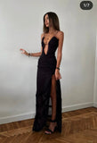 Sexy Sheath Spaghetti Straps Black Slit Lace Long Prom Dresses Formal Summer Wedding Guest Dresses Wedding Guest Outfit HZ1121