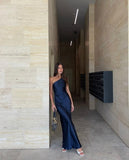 Classy Sheath One Shoulder Navy Blue Satin Prom Dresses Formal Summer Wedding Guest Dresses Wedding Guest Outfit HZ1121
