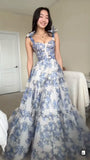 Classy A line Spaghetti Straps Floral Blue Prom Dresses Formal Summer Wedding Guest Dresses Wedding Guest Outfit HZ1121