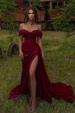 Modest Mermaid Off The Shoulder Burgundy Satin 20th Birthday Dress Slit Prom Dress 18th Birthday Outfits Holiday Outfit HZ1121