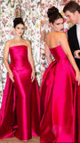 Classy Sheath Strapless Hot Pink Satin Long Prom Dresses Formal Summer Wedding Guest Dresses Wedding Guest Outfit HZ1121