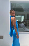 Classy Sheath High Neck Satin Blue Long Prom Dresses Formal Summer Wedding Guest Dresses Wedding Guest Outfit HZ1121