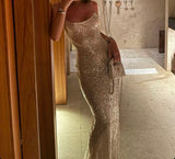 Elegant Sheath Halter Sequin Champagne Long Prom Dresses Formal Summer Wedding Guest Dresses Wedding Guest Outfit HZ1121