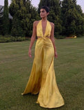 Modest A Line Halter Neck Yellow Satin 20th Birthday Dress Prom Dress 18th Birthday Outfits For Women HZ1121