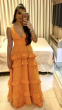 Elegant A line Spaghetti Straps Orange Chiffon Long Prom Dresses Formal Summer Wedding Guest Dresses Wedding Guest Outfit HZ1121