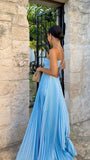 Elegant A line Spaghetti Straps Blue Chiffon Long Prom Dresses Formal Summer Wedding Guest Dresses Wedding Guest Outfit HZ1121