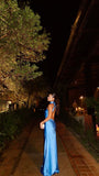 Classy Sheath High Neck Satin Blue Long Prom Dresses Backless Formal Summer Wedding Guest Dresses Wedding Guest Outfit HZ1121