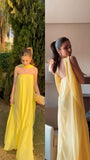Sexy A line Strapless Yellow Chiffon Long Prom Dresses Formal Summer Wedding Guest Dresses Wedding Guest Outfit With Scarf HZ1121