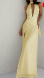 Elegant A line V Neck Yellow Chiffon Long Slit Prom Dresses Formal Summer Wedding Guest Dresses Wedding Guest Outfit HZ1121