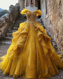 Pretty Ball Gown Off The Shoulder Yellow Beaded Tulle Long Quinceanera Dress Formal Short Sleeves Flowers Vestido De 15 Anos HZ1121