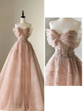Pretty Ball Gown Off The Shoulder Pink Tulle Long Quinceanera Dress Formal Flowers Vestido De 15 Anos Sweet 16 Dress HZ1121