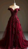 Pretty Ball Gown Off The Shoulder Burgundy Tulle Long Quinceanera Dress Formal Flowers Vestido De 15 Anos Sweet 16 Dress HZ1121