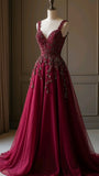 Modest A line Straps Burgundy Tulle Long Formal Gown 23rd Birthday Dress Prom Dresses 20th Birthday Outfits HZ1121