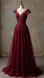 Vintage A line V Neck Wine Red Lace Long Prom Dresses Party Dress Graduation Dresses HZ1121