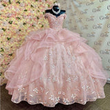 Pretty Ball Gown Off The Shoulder Pink Tulle Long Quinceanera Dress Formal Gowns Vestido De 15 Anos Sweet 16 Dress HZ1121