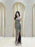 Classy Mermaid Off The Shoulder Gray Sequin Long Prom Dresses Formal Gown Summer Wedding Guest Dress Wedding Guest Attire HZ1121