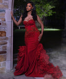Vintage Mermaid Sweetheart Red Sleeveless Long Prom Dresses Party Dress Black Girl Outfits Graduation Dresses HZ1121