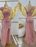 Classy Mermaid Sweetheart Pink Sequin Sleeveless Slit Long Prom Dresses Party Dress Birthday Outfits Graduation Dresses HZ1121