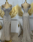 Classy Mermaid Off The Shoulder Champagne Sequin Split Long Slit Prom Dresses Party Dress Birthday Outfits Graduation Dresses HZ1121
