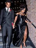 Classy Mermaid Off The Shoulder Black Satin Split Black Girl Long Slit Prom Dresses Party Dress Birthday Outfits Graduation Dresses HZ1121