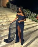 Classy Mermaid Off The Shoulder Navy Blue Sequin Black Girl Long Prom Dresses Party Dress Birthday Outfits Graduation Dresses HZ1121
