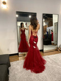 Classy Mermaid Straps Red Tulle Backless Long Prom Dresses Party Dress Birthday Outfits Graduation Dresses HZ1121