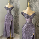 Sexy Mermaid Off The Shoulder Grape Slit Sequin Prom Dresses Party Dress Summer Black Girls Birthday Outfits Birthday Dresses HZ1121