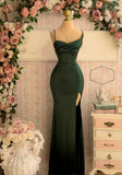 Classy Mermaid Spaghetti Straps Dark Green Satin High Slit Long Prom Dresses Party Dress Birthday Outfits Graduation Dresses HZ1121