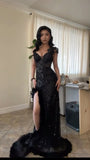 Classy Mermaid Spaghetti Straps Black Sequin High Slit Long Prom Dresses Party Dress Birthday Outfits Graduation Dresses HZ1121