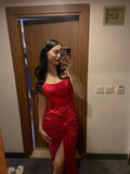 Classy Mermaid Halter Red Slit Long Prom Dresses Formal Gown Summer Wedding Guest Dress Wedding Outfits For Guest HZ1121