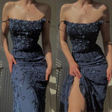 Classy Mermaid Spaghetti Straps Navy Blue Flowers Long Prom Dresses Formal Gown Summer Wedding Guest Dress Wedding Outfits For Guest HZ1121