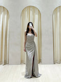 Classy Sheath Sweetheart Sequin Silver Slit Long Prom Gown Summer Wedding Guest Dress Bridal Guest Dresses Wedding Outfits For Guest HZ1121