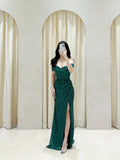Classy Mermaid Off The Shoulder Dark Green Sequin Slit Long Prom Gown Summer Wedding Guest Dress Bridal Guest Dresses Wedding Outfits For Guest HZ1121