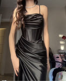 Classy Sheath Spaghetti Straps Black Satin Long Prom Gown Summer Wedding Guest Dress Bridal Guest Dresses Wedding Outfits For Guest HZ1121