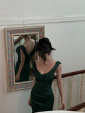Classy Sheath V Neck Dark Green Satin Formal Long Prom Gown Summer Wedding Guest Dress Bridal Guest Dresses Wedding Outfits For Guest HZ1121