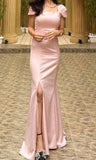 Classy Sheath Square Neck Slit Ruffles Satin Long Prom Gown Summer Wedding Guest Dress Bridal Guest Dresses Wedding Outfits For Guest HZ1121