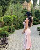 Classy Sheath Square Neck Ruffles Satin Backless Prom Gown Summer Wedding Guest Dress Bridal Guest Dresses Wedding Outfits For Guest HZ1121