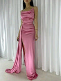 Classy Sheath Spaghetti Straps Pink Slit Satin Formal Long Prom Gown Summer Wedding Guest Dress Bridal Guest Dresses Wedding Outfits For Guest HZ1121