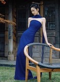 Classy Sheath Strapless Royal Blue Satin Long Prom Dresses Formal Gown Summer Wedding Guest Dresses Wedding Guest Outfit HZ1121