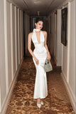 Sexy Mermaid High Neck White Satin Formal Prom Gown Summer Wedding Guest Dress Bridal Guest Dresses Wedding Outfits For Guest HZ1121