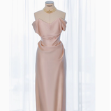 Classy Sheath Off The Shoulder Pink Satin Long Prom Dresses Formal Gown Summer Wedding Guest Dresses Wedding Guest Outfit HZ1121