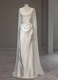 Dreamy Wedding Dress Sheath Strapless White Satin Summer Long Wedding Dresses Bridal Gowns With Cape HZ1121