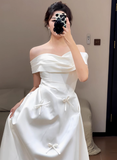 Dreamy Wedding Dress A Line Off The Shoulder White Satin Summer Long Wedding Dresses Bridal Gowns With Sleeves HZ1121