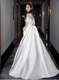 Dreamy Wedding Dress A Line Off The Shoulder White Satin Summer Long Wedding Dresses Bridal Gowns With Sleeves HZ1121